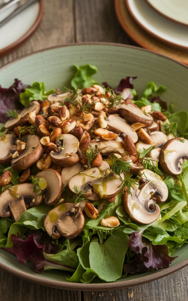 A colorful mushroom salad with leafy greens, sliced mushrooms, nuts, and herbs, served in a bowl on a rustic wooden table.